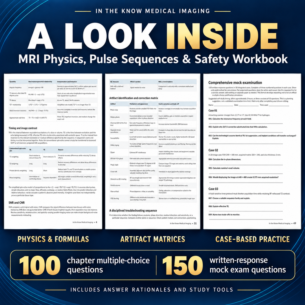 MRI Physics, Pulse Sequences & Safety Workbook PDF: 250 Practice Questions
