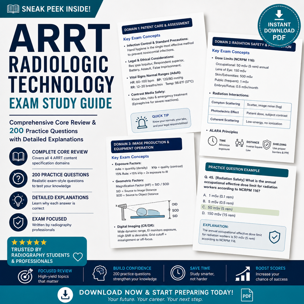 ARRT Radiography Certification 200 Practice Question Exam Package